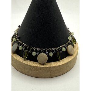 Beaded Bracelet With Green Gray & Pearl Charms Silver Chain Adjustable Size